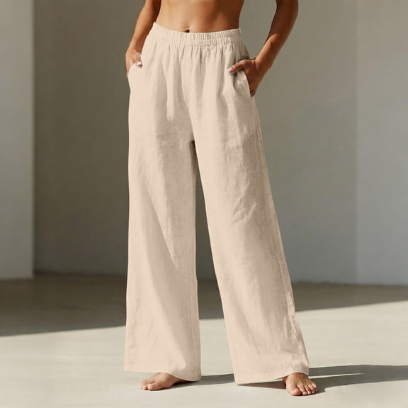 Linen Pants Women Wide Leg Elastic High Waisted Beach Flowy Pants Pull On Dressy Casual Baggy Cotton Linen Slacks(Khaki,M)