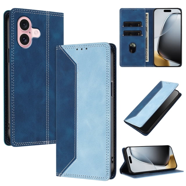 Funda FOXDOCK para iPhone 16 Plus de Cuero Premium Bicolor con Ranuras RFID, Carcasa Tipo Billetera Antigolpes y Soporte Plegable