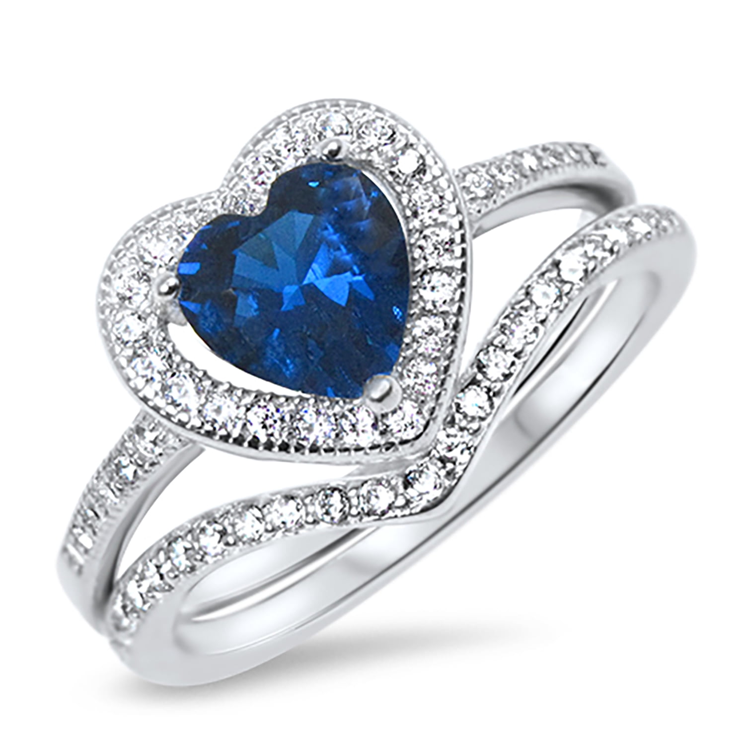 Sapphire Blue CZ Heart Halo Wedding Engagement Ring Set for Women Size 8