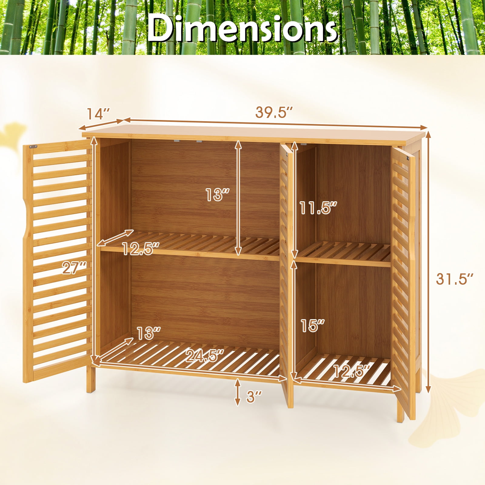 Gymax Bamboo Bathroom Cabinet 3-Door Storage Organizer w/ Shelves Natural