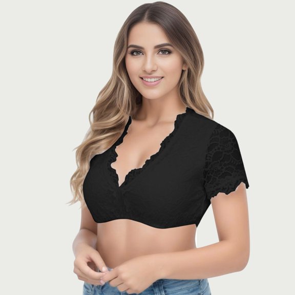 ylioge Cropped Lace Tops for Women Plus Size S-5X Short Sleeve V Neck T Shirts Womens Trendy Solid Color Pullover Stretchy Slim Elegant Blouses Top
