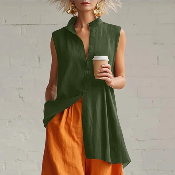 ClodeEU Women's Mandarin Collar Sleeveless Button Front Shirt,Casual Loose Fit Summer Tank Top Army Green,Women's Plus L