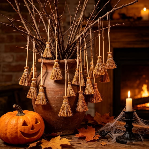 syligr 20PCS Mini Witch Brooms for Halloween Tree Decor, Small Straw Broom Hanging Decorations for Garland Wreath, Spooky Witch Theme Decor for Mantel Wall, Party Supplies