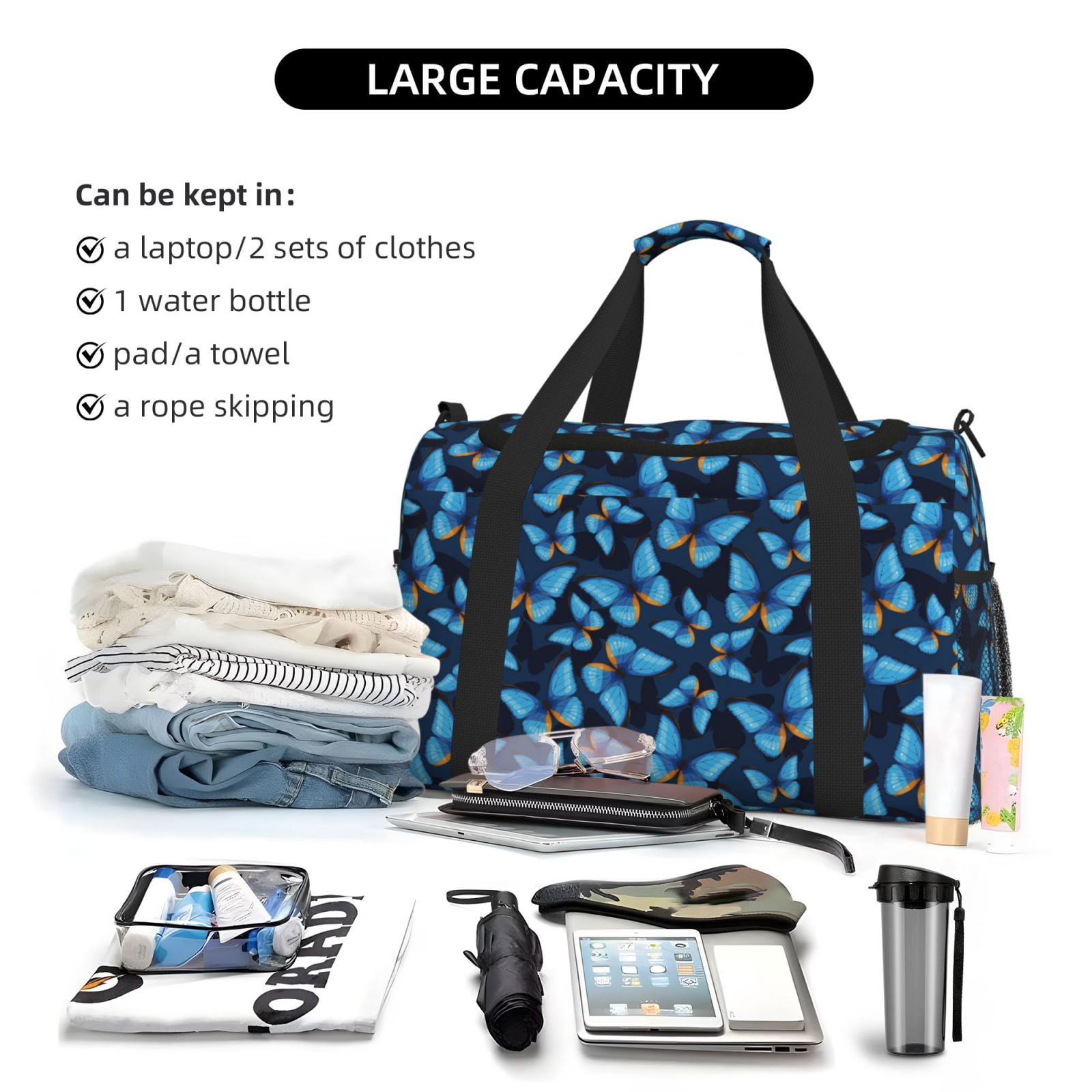 Fuzoiu Blue Butterfly Print Travel Duffle Bag,Carry On Tote Bags,Duffel Bag,Sport Gym Bag, Hospital Bag for Labor and Delivery, Overnight Bag,Luggage Bag