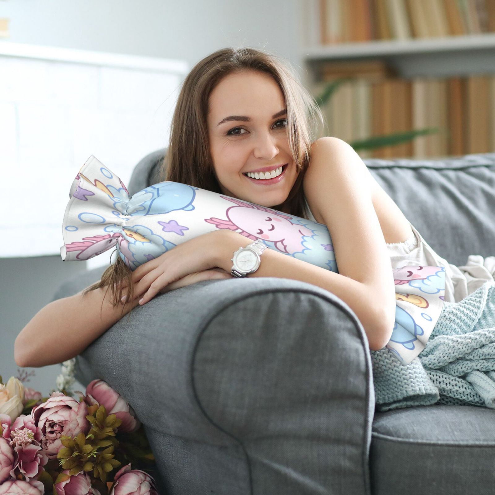 Candy Throw Pillow Travel Cervical Pillow Cylindrical Neck Body Cushion With Insert For Bed Couch Home Decor 9.8x24.4in Bubble Bath Axolotls - Pastel Daydream