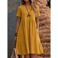 thumbnail image 3 of Womens Summer Cotton Linen T Shirt Dress Casual Loose Fit Crewneck Short Sleeve Midi Dresses with Pockets Yellow XL, 3 of 5