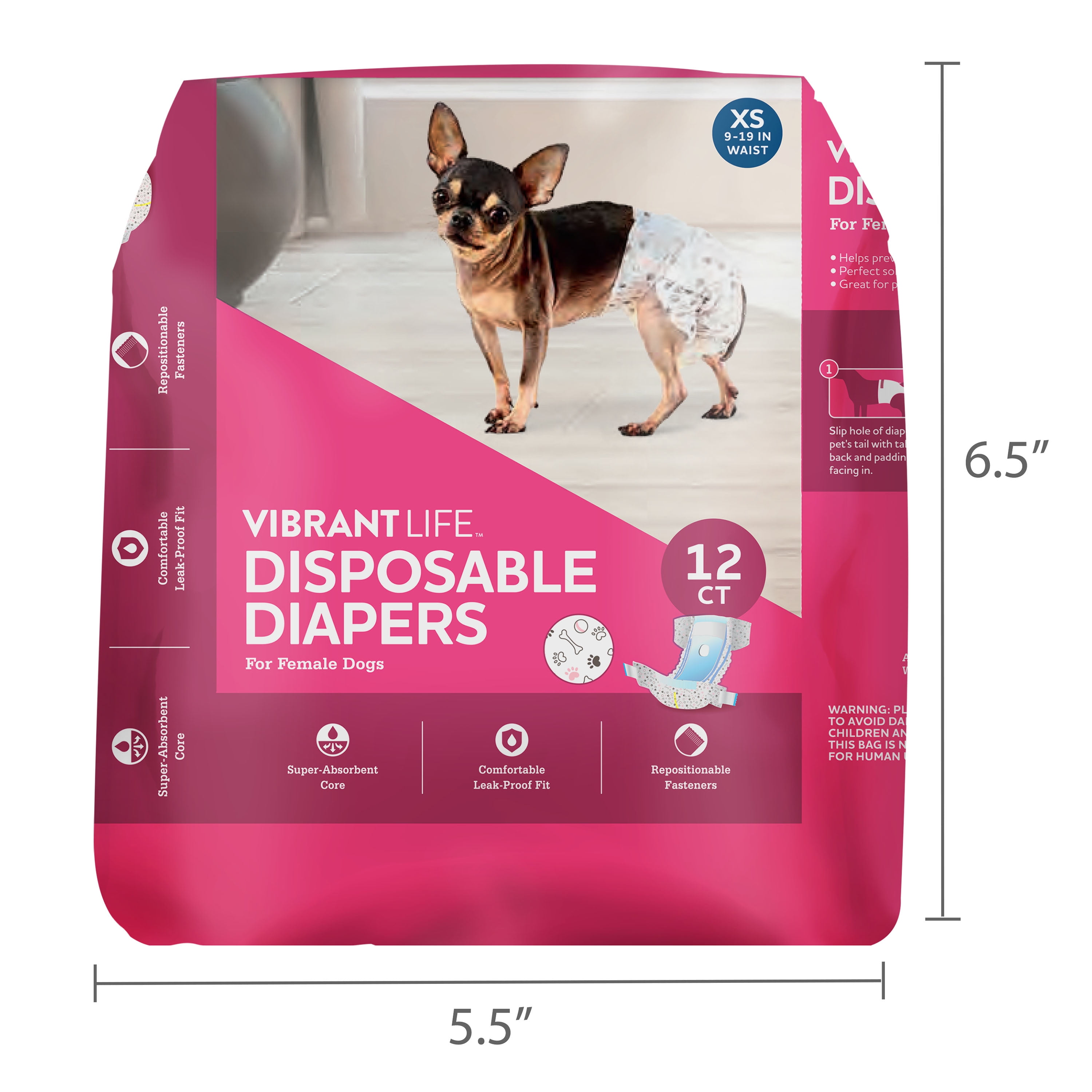 (6 pack) Vibrant Life Disposable Dog Diapers for Female Dogs, XS, 12 Count