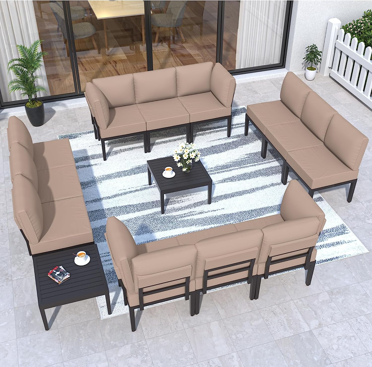 14-Piece Sand Iron Patio Sectional Set with Cushions