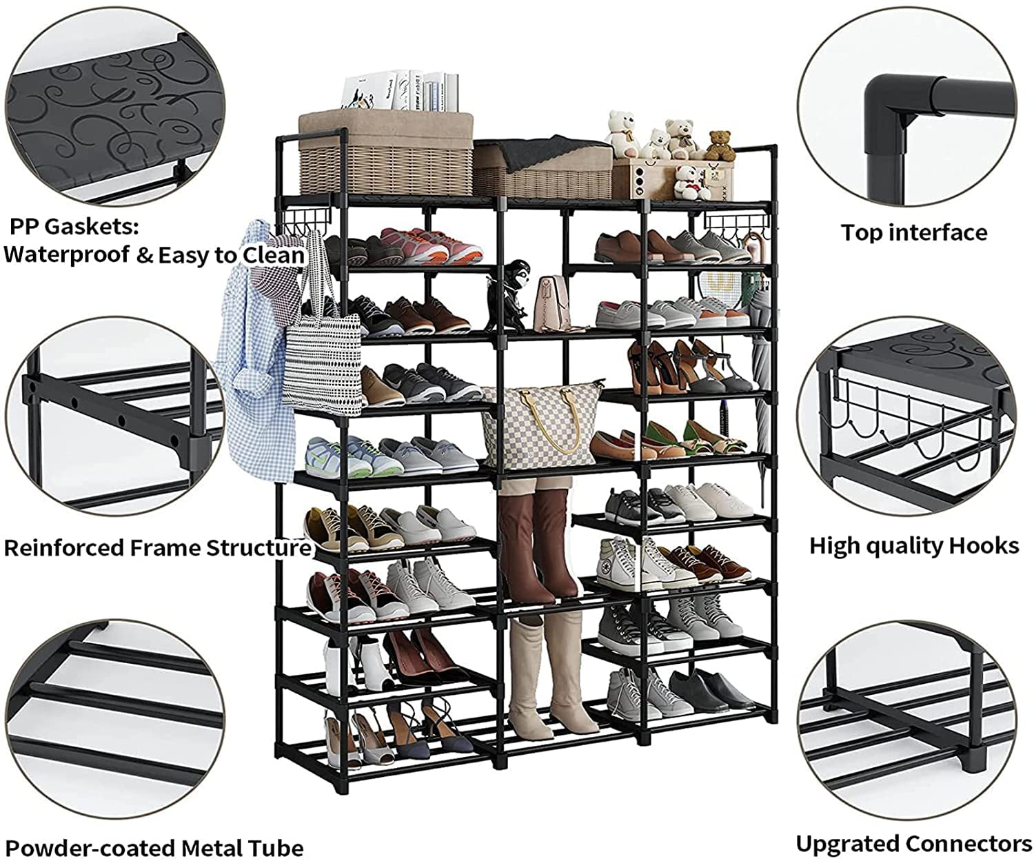Finew 9 Tiers Shoe Rack Organizer for Entryway, Large Shoe Storage for  50-55 Pairs Boots, Non-Woven Fabric Shelf with Versatile Hooks and Wooden