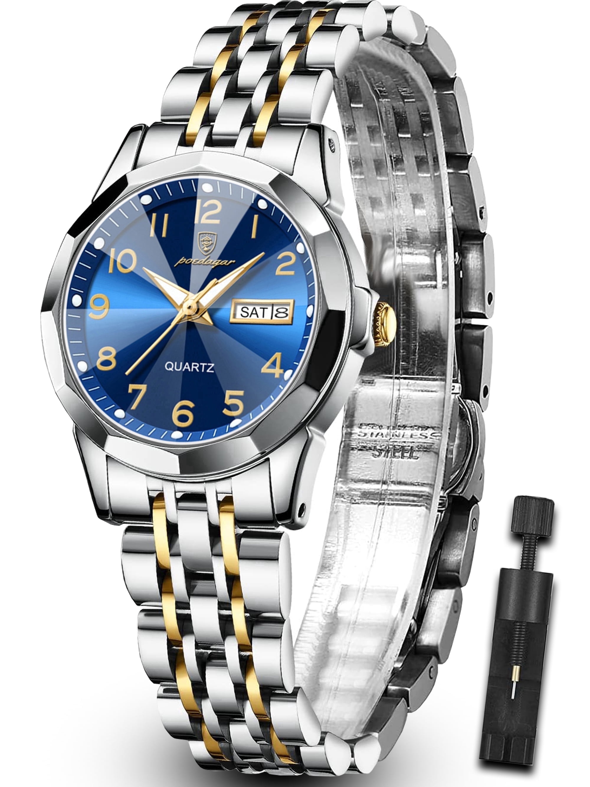 Women\'s Two Tone Blue Stainless Steel Bracelet Stylish 3H Quartz Wrist Watch BWC Ladies Butterfly Bracelet Watch Blue Stones Stainless  main image 3