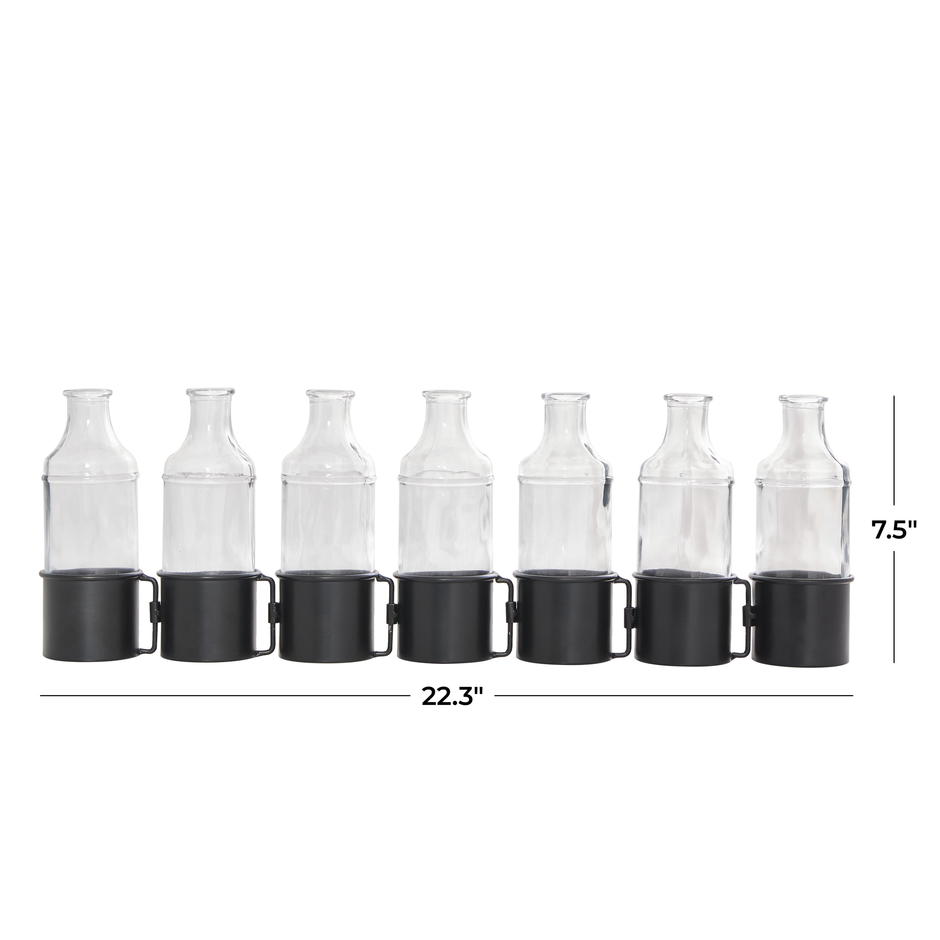 DecMode 8" Adjustable Bottle Black Metal Vase with Clear Glass Bottles
