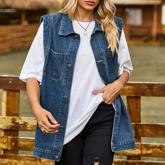 clear 50% off Usmixi 2023 Winter Womens Denim Vest Denim Jacket for Women Trendy Button Down Lapel Sleeveless Boyfriend Jean Jacket Coat Loose Casual Solid Vest Outerwear with Pocket Up to 65% off