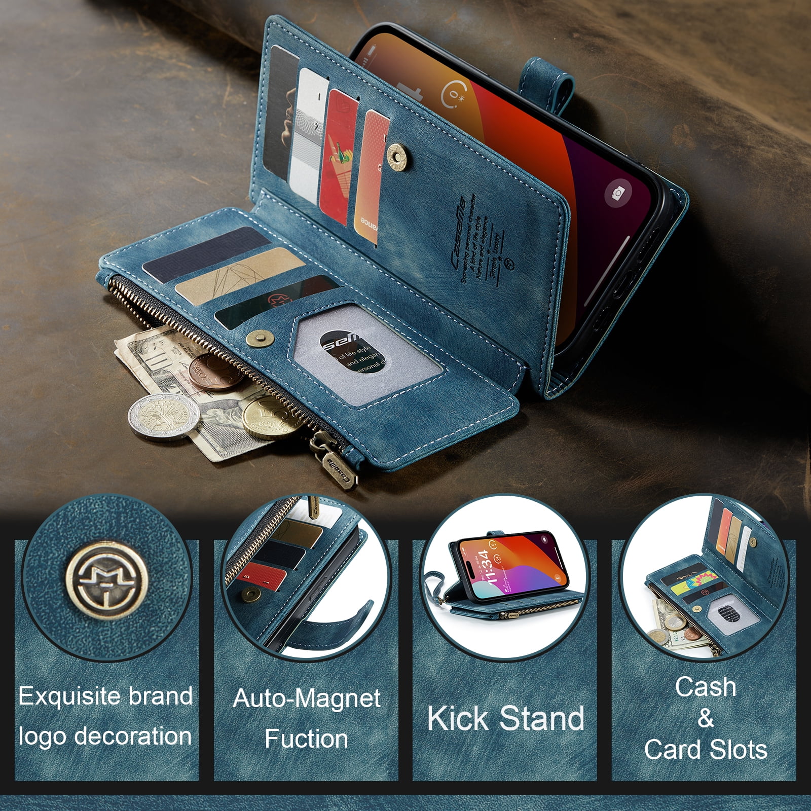 Dteck for iPhone 15 Pro Case with Card Holder, Premium iPhone 15 Pro Wallet Case for Women Men, Heavy Duty Durable PU Leather With Flip Zipper Pocket Phone Case w/ Wrist Strap Lanyard,Blue