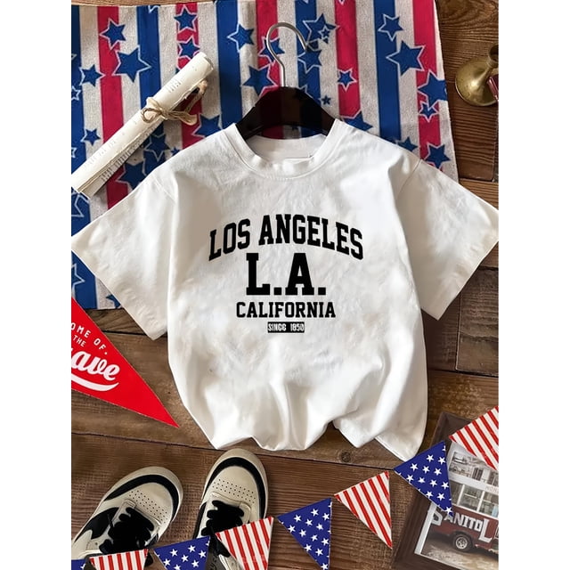 Camisetas gráficas para mujer, de manga corta, de algodón, para veranoRetro-Inspired "LOS ANGELES CALIFORNIA" Graphic Tee for Women - Casual Round Neck, Short Sleeve, Polyester, Machine Washable, wi