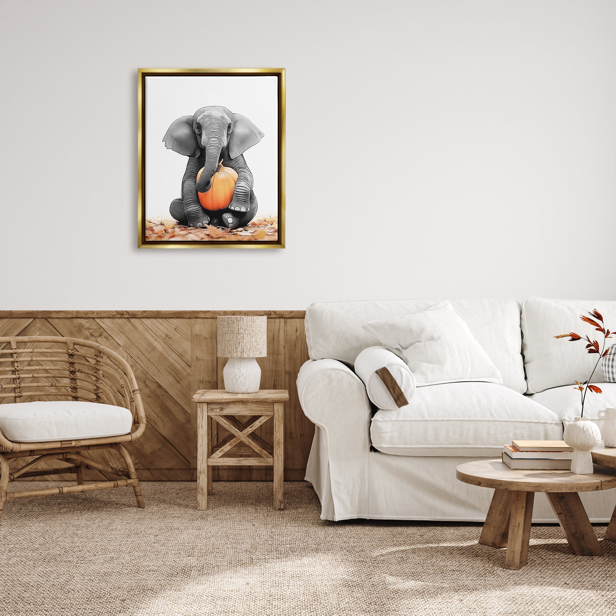 Stupell Industries Elephant in Autumn Leaves Holiday Painting Gold Floater Framed Canvas Art Print Wall Art, 25 x 31