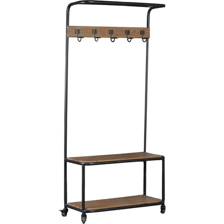 Linon Metal and Wood Hall Tree, 5 hooks, Top and Bottom shelf