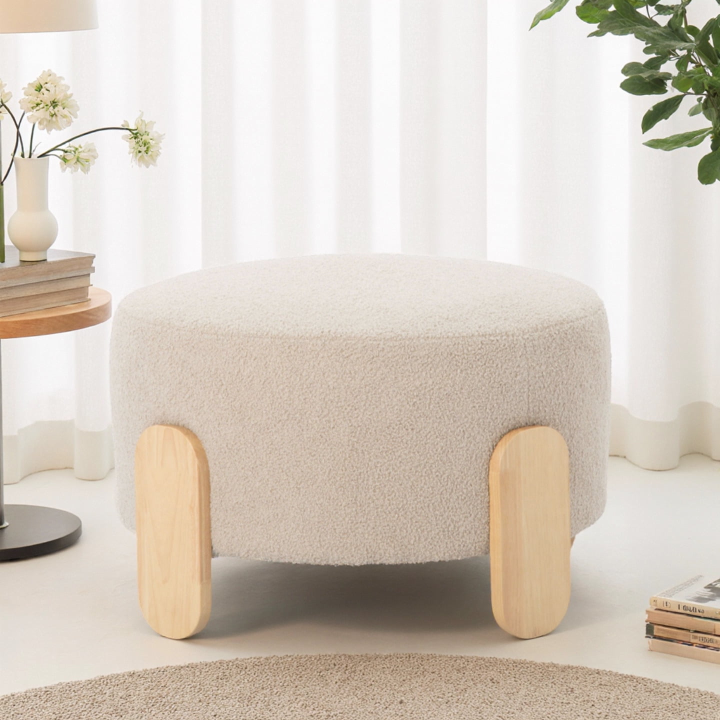 BSHTI 24.8" Round Teddy Fabric Ottoman with Natural Wood Legs, Multi-Functional Footstool and Extra Seat for Home and Office -Beige