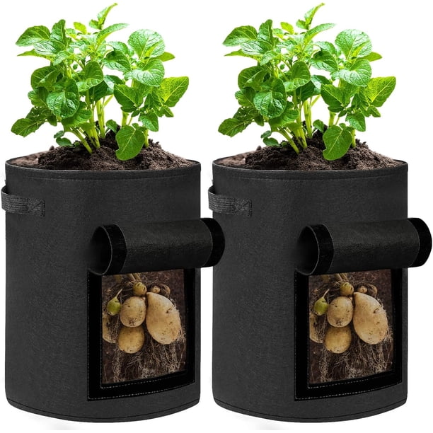 Paquete de 2 bolsas de cultivo de patatas de 7 galones, bolsas de cultivo de patatas con asas y solapa de acceso, bolsas de cultivo de plantas no tejidas gruesas para patatas