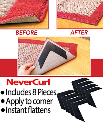 8 Pack Made in USA. NeverCurl - Instantly Stops Rug Corner Curling for Indoor & Outdoor Rugs Includes 8 pcs Safe for Wood Floors Not an Anti-Slip pad