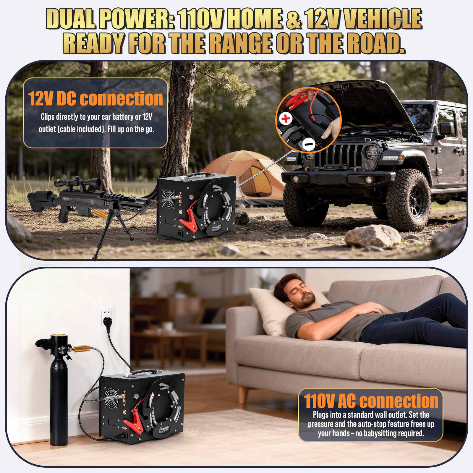 TUDIVING 4500 PSI PCP Air Compressor, Auto-Stop Portable Air Pump, 12V DC/110V AC with Built-in Converter for PCP Air Rifles