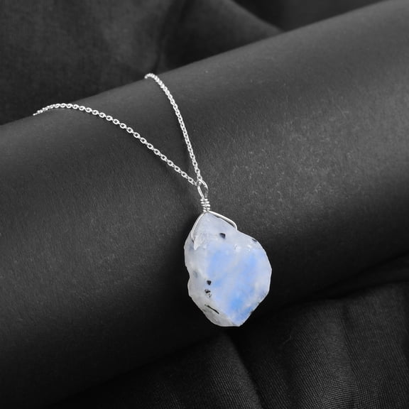 Natural Raw Blue Sheen Moonstone Rough Handmade Dainty Pendant Necklace For Women, Rough Crystals and Healing Stones, Birthstone Jewelry, Rhodium Plated 925 Sterling Silver 18 inch, Birthday Gift