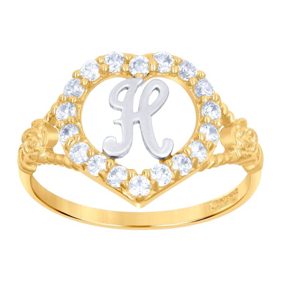 10k Two-tone Gold Womens Cubic Zirconia Polished Finish Love Heart Shape Letter H Initial Ring Statement Ring for Women