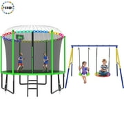YORIN Trampoline, 800LBS 8FT Trampoline for 2-3 Adults/ Kids, with Enclosure Net, Metal Swing, Basketball Hoop, Ladder, Light, Sprinkler, Socks, Outdoor Anti-Rust Heavy Duty Round Trampoline