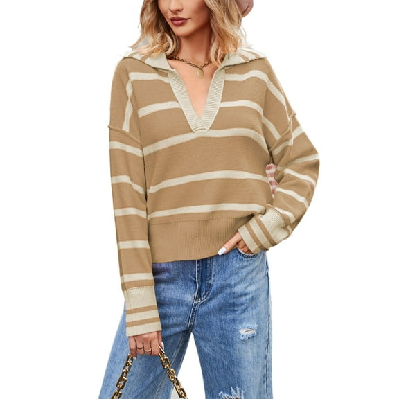 Split V Neck Classic Striped Pattern Collared Sweater for Women Khaki Small