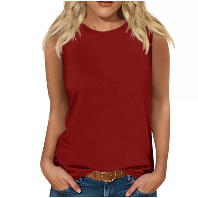 JUNWELL BLVB Summer Tank Tops for Women 2024 Crew Neck Sleeveless Casual Loose Solid Color Basic Tee Shirt