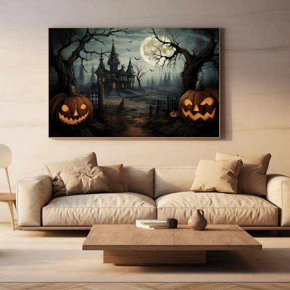 YaHaku Spooky Moonlit Mansion Wall Art, Vintage Fantasy Scenery , Halloween Lover Poster