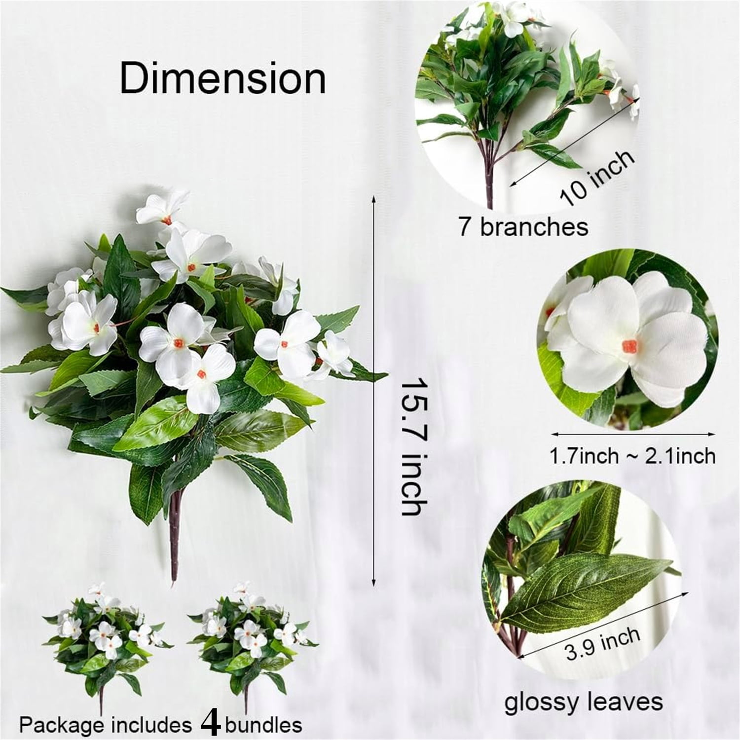 Artificial Impatiens Bouquet Flowers Topboutique Silk Fake Impatiens Flowers Impatiens Bush Lifelike Simulation Plastic Cloth Flowers for Patio Lawn Garden Wedding Photo Decor,4 Pcs White