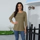 thumbnail image 4 of Top casual de color sólido con cuello redondo y manga tres cuartos para mujer Caqui/XL, 4 of 9
