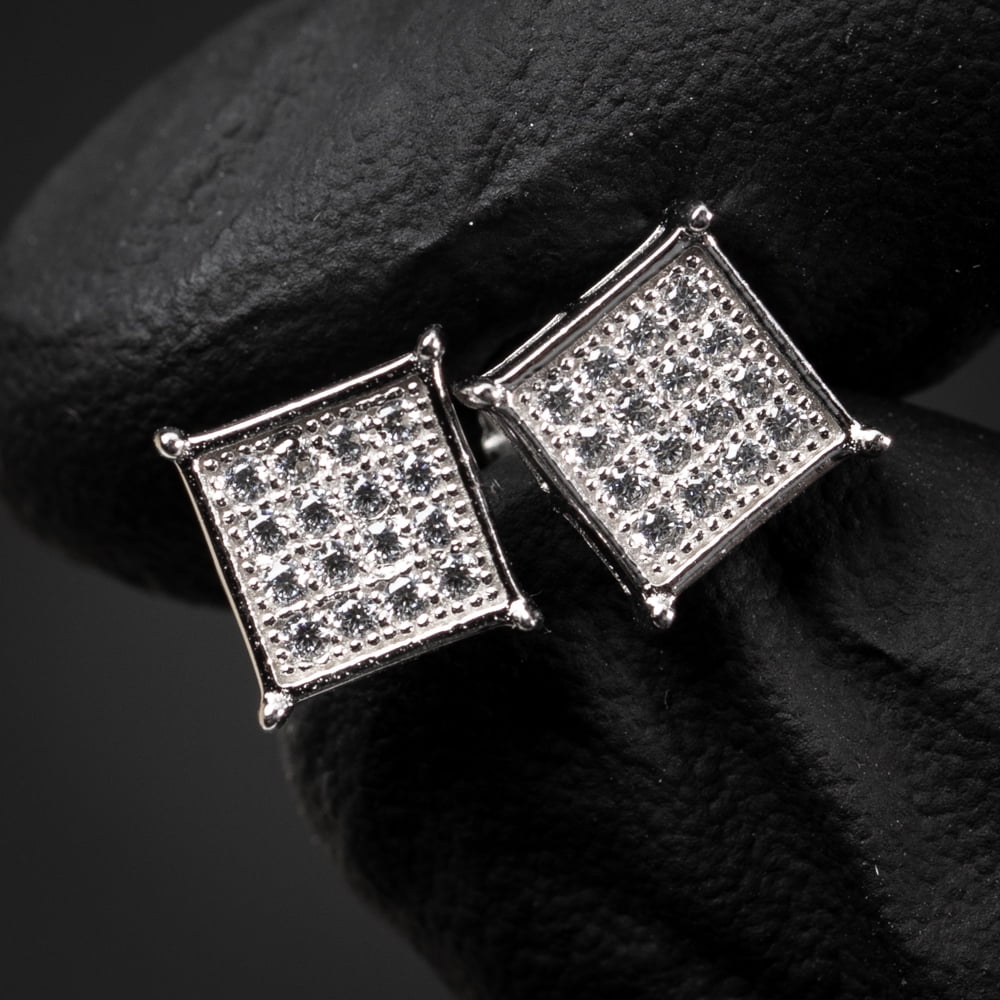 Real 925 Sterling Silver Men s 10mm White Gold Hip Hop Square Stud Earrings with Micro Pave and Screw Back Walmart
