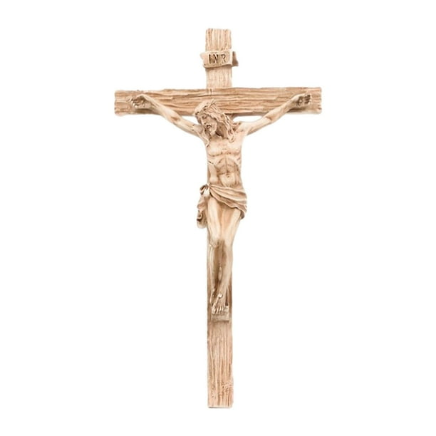 Crucifijo de pared, estatua de Jesús, regalo religioso robusto y decorativo hecho a mano. Color claro