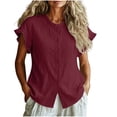 thumbnail image 2 of Neewe Women Loose Casual Short Sleeve Button Up Shirt Solid Color Blouse Round Neck Basic Collared Daily Top, 2 of 5