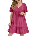 thumbnail image 2 of Spazoro Little and Big Girls A-line Dresses, Solid Color Short Sleeve V-Neck Comfortable Casual Dresses for Girls Hot Pink Size 5-6T, 2 of 7