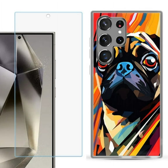 OneToughShield ® Compatible with Samsung Galaxy S24 Ultra, Shockproof Phone Case, with Tempered Glass Screen Protector - Pug Art