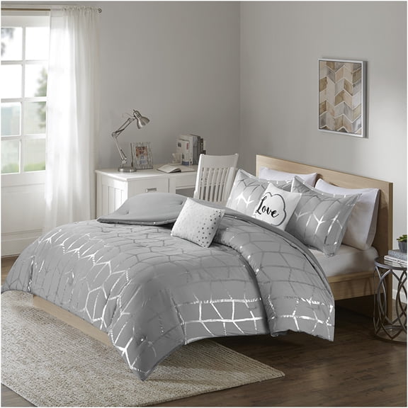 JERFIT Metallic Geometric Print King Comforter Set, Grey Silver Microfiber Bedding Set with Decorative Pillows, Antimicrobial, Ultra Soft
