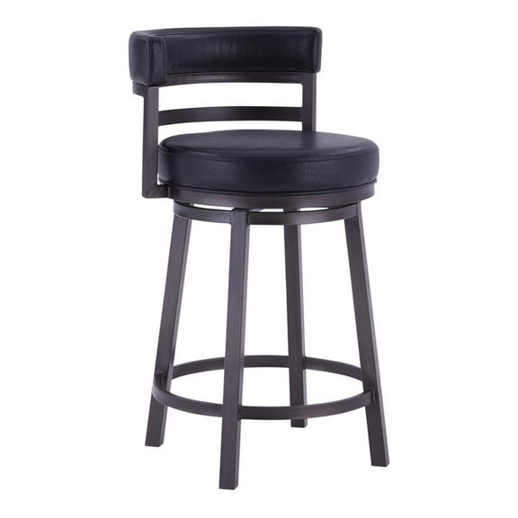 Titana 30" Bar Height Swivel Black Faux Leather and Mineral Metal Bar Stool for Kitchen Island Counter