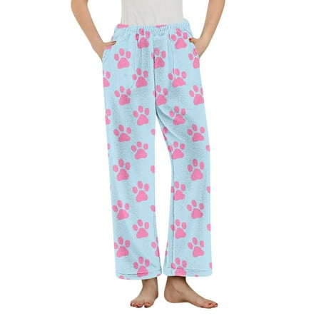 JGGSPWM Women s Fleece Pajama Pants High Waist Straight Pant Winter Warmth Comfy Sleep Bottoms Fashion Printed Soft Lounge Pants Blue M