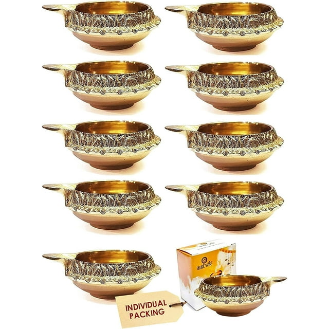 Juego de lámparas de aceite SATVIK de latón hechas a mano, pequeñas, Diya, 10 unidades