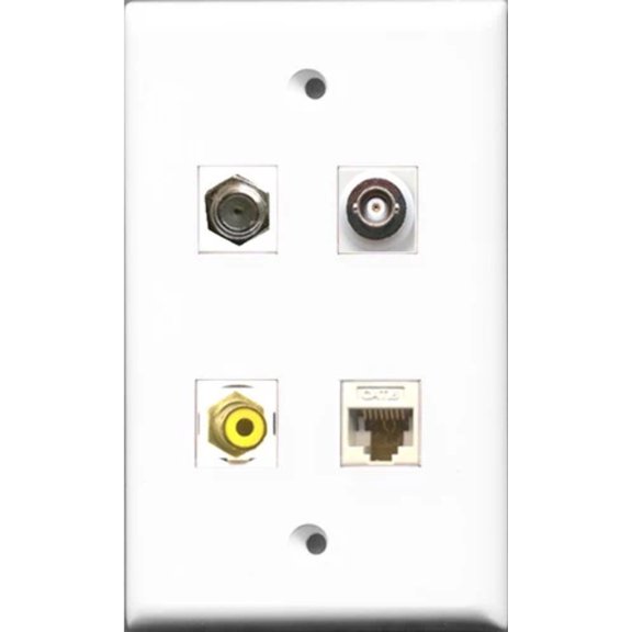RiteAV 1 Port RCA Yellow and 1 Port Coax Cable TV- F-Type and 1 Port BNC and 1 Port Cat6 Ethernet White Wall Plate