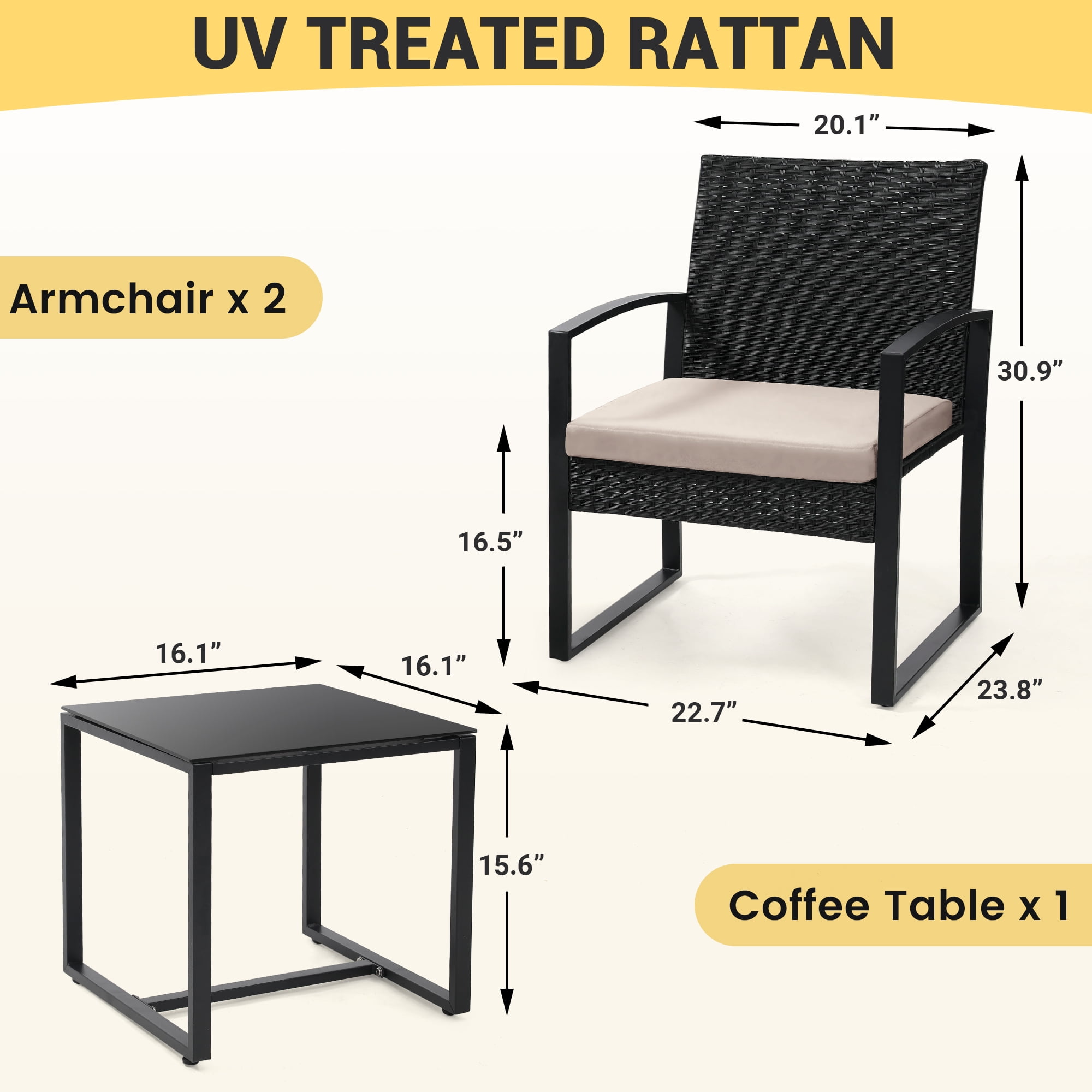 TUAREX 3-Piece Rattan Patio Furniture Set, All-Weather Wicker Bistro Set with Coffee Table and Cushioned Chairs for Garden, Yard, Balcony, Beige