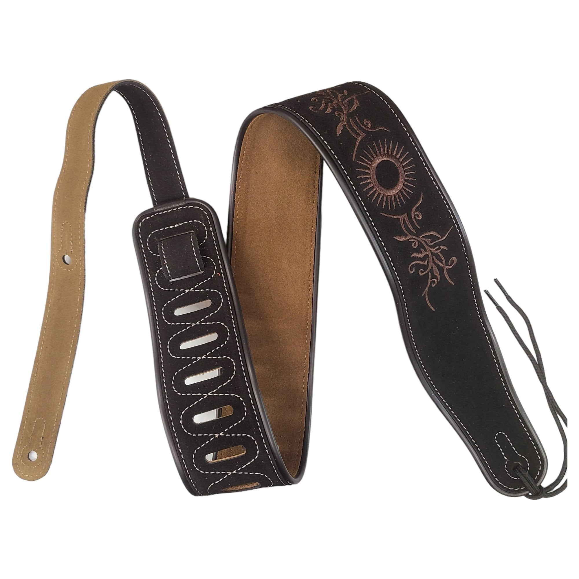 Leather Strap Acoustic Electric Guitar Bass Black Brown Notes Wide Thick Padded Black Suede Tribal Sun