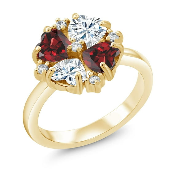 Gem Stone King 18K Yellow Gold Plated Silver Red Garnet and White Moissanite Ring for Women (2.12 Cttw, Heart Shape 5MM, Gemstone January Birthstone, Size 7)