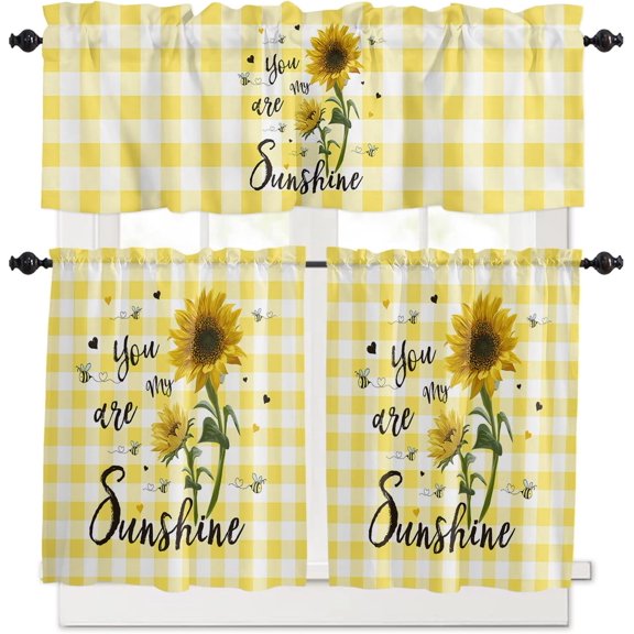 3 Piece Sunflower Summer Bee Kitchen Curtains, Tier and Valance Rod Pocket Window Curtains Set Yellow Buffalo Check Plaid Cafe Curtains for Kitchen Valances Window Treatment 54X18in 27x24in×2