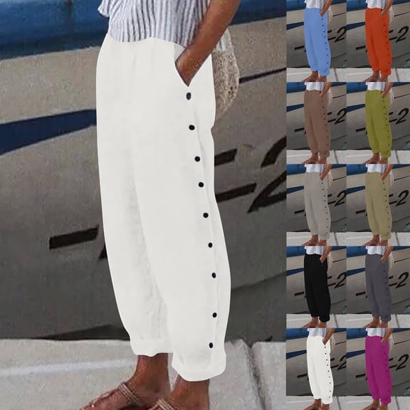 Women's Cotton Linen Pants, High Waist Paper Bag Waist Trousers with Side Buttons and Pockets, 9-Inch H-Line Straight Leg Casual Pants for Daily Wear, Beach and Travel