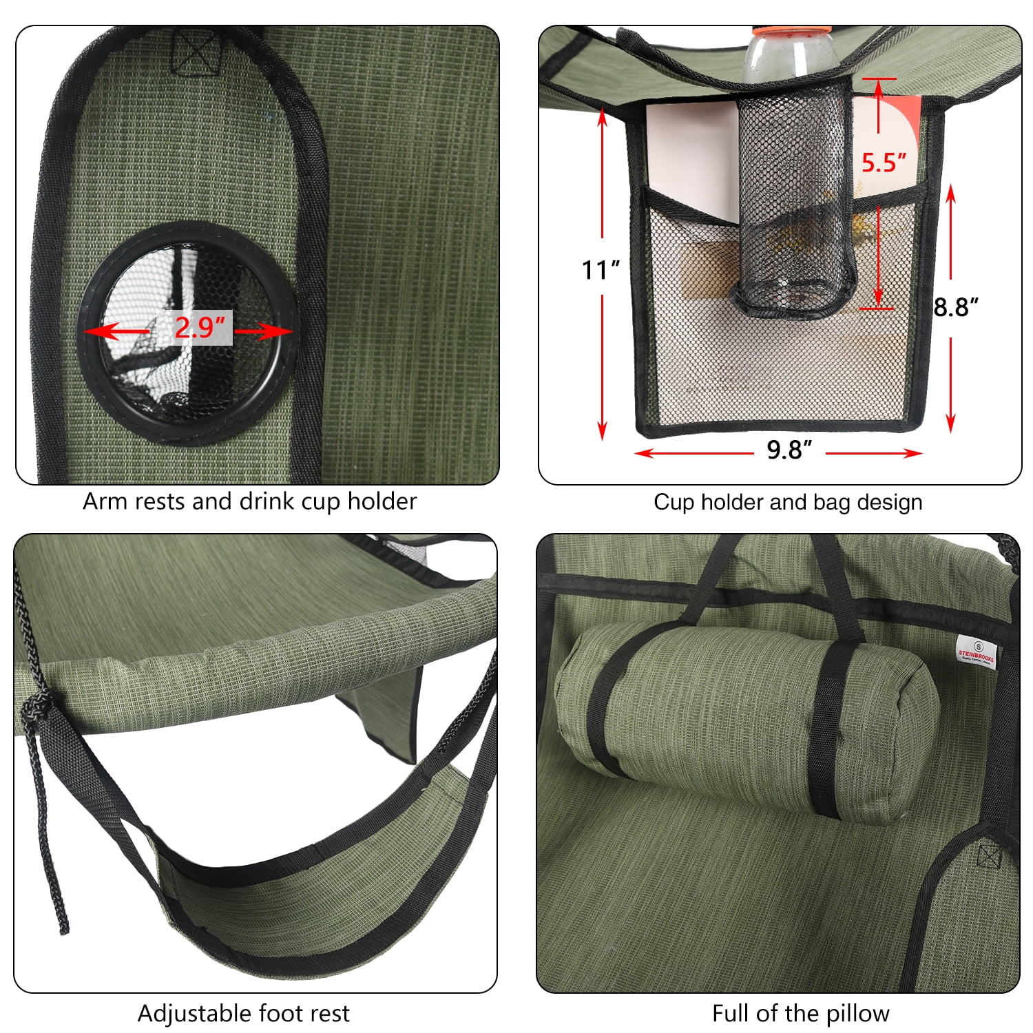 Bathonly Hammock Chair with Footrest, Sky Chair with Metal Bar, Max 330 LBS Capacity, Green. G1-0021GN