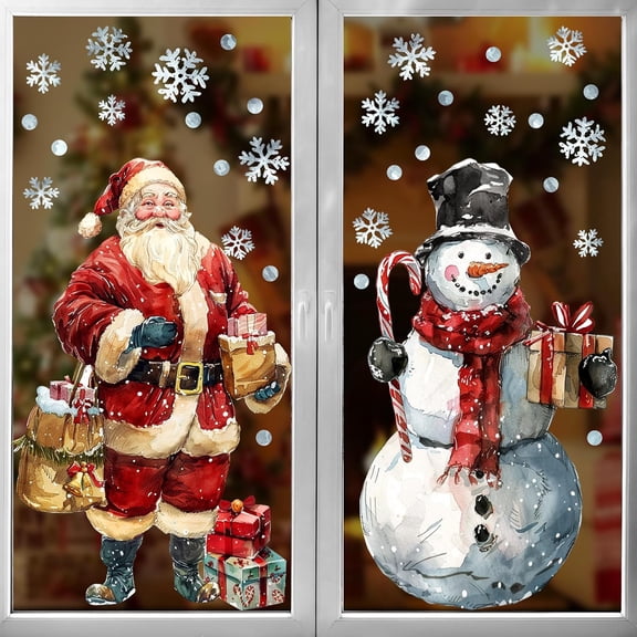 Christmas Window Clings Decorations: 2 Sheets Extra Large Santa Claus Snowman Window Clings with Snowflakes, Watercolor Rustic Xmas Stickers for Kids Home Office School Winter Holiday Décor