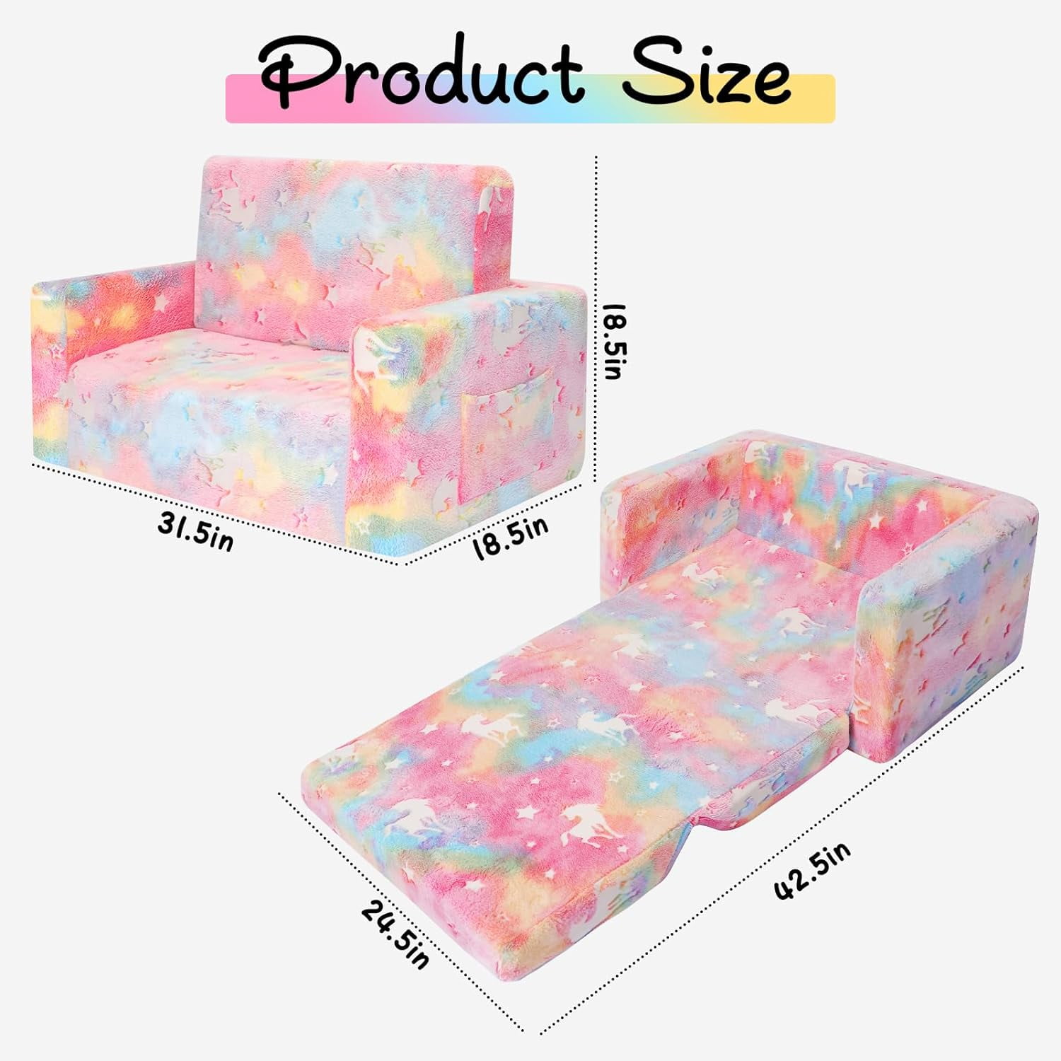 Kids Couch Toddler Chair Folding, Soft Couch 2 in 1 Kids Sofa Glow in The Dark Couch, Gifts Sleeper for Girls Boys - Pink Unicorn